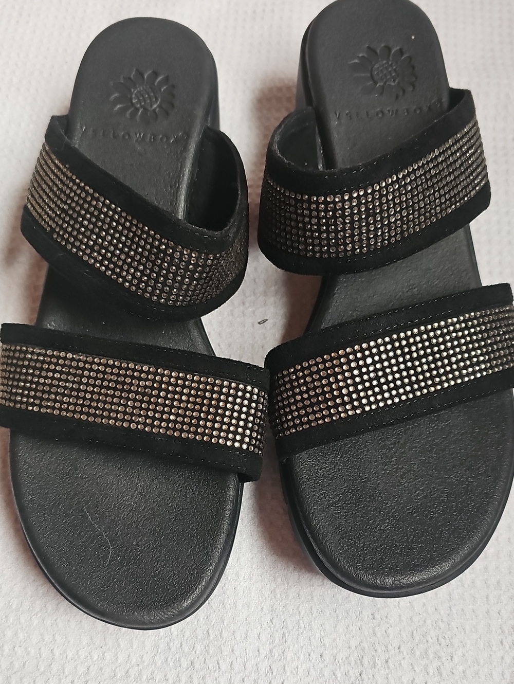 Yellow Box Black Slide Sandals with Metallic Stud Straps